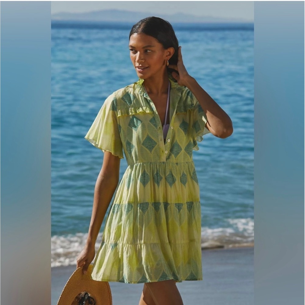 Ro's‎ Garden Vibeka Ruffle Mini Dress XS green cotton geometric boho resort